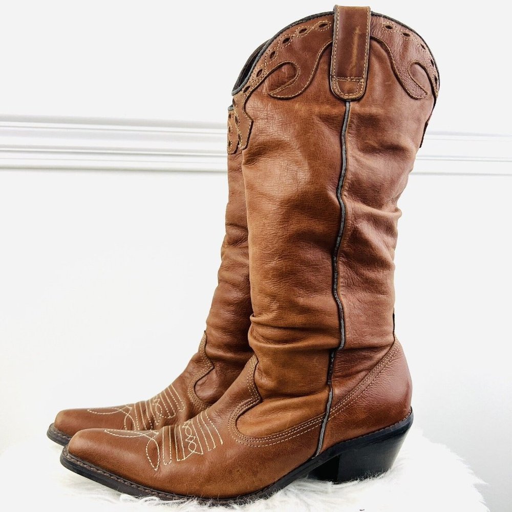Maripe Brown Leather Poncho Pull on Western Cowgirl Boots ~ Size 9M